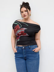 Mesh Asymmetrical Neck Floral Ruched Top Curve & Plus