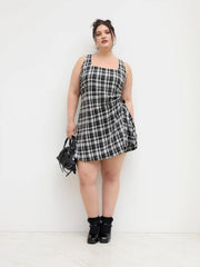U-neckline Plaid Ruched Belted Mini Dress Curve & Plus
