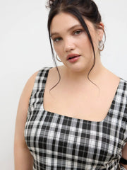 U-neckline Plaid Ruched Belted Mini Dress Curve & Plus