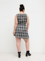 U-neckline Plaid Ruched Belted Mini Dress Curve & Plus