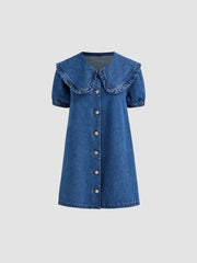 Denim Peter Pan Collar Button Through Smock Puff Sleeve Mini Dress