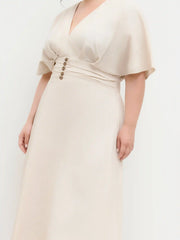 Linen-blend V-neck Ruffle Ruched Midi Dress Curve & Plus