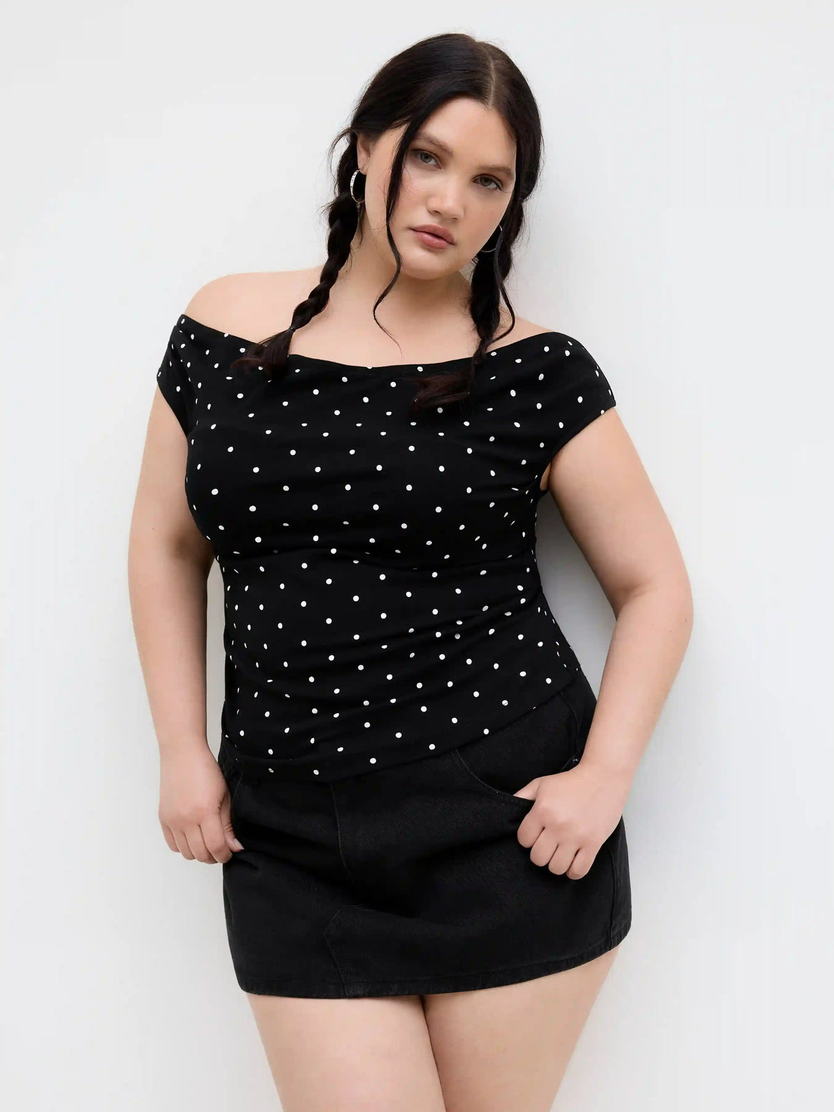 Cotton-blend Off-shoulder Polka Dot Ruched Top Curve & Plus