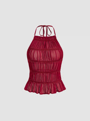 Chiffon Halter Neckline Knotted Ruched Backless Top