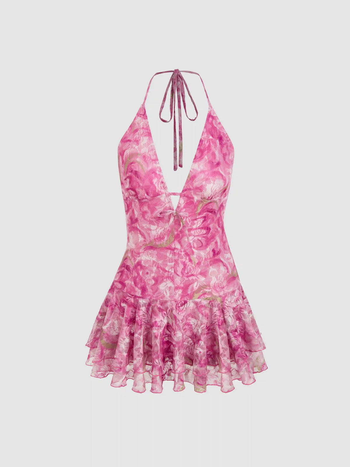 Lace Halter Neckline Floral Layered Mini Dress