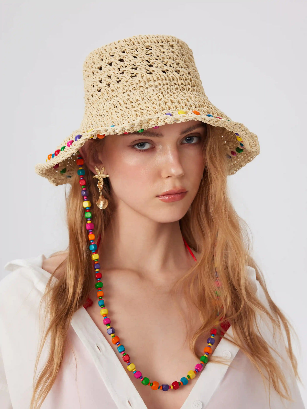 COLORFUL BEAD LACE-UP STRAW HAT