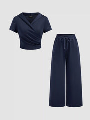 Cotton-blend Hooded Wrap Top & Mid Rise Elastic Waist Trousers Set