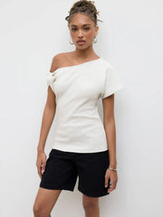 Cotton-blend Asymmetrical Neck Twist Short Sleeve Top