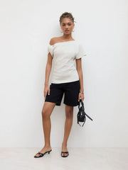 Cotton-blend Asymmetrical Neck Twist Short Sleeve Top