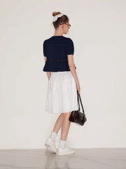 Denim Tie Front Bow Puff Sleeve Oversized Blouse