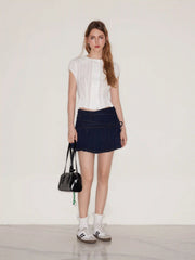 Denim Mid Rise Bowknot Pleated Micro Mini Skirt