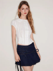 Denim Mid Rise Bowknot Pleated Micro Mini Skirt