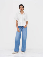 Linen-blend Collar V-neck Pleated Short Sleeve Shirt