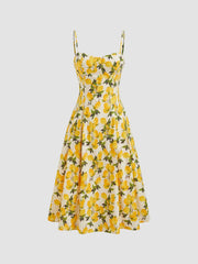 Cotton Lemon Lace Up Pleated Cami Midi Dress