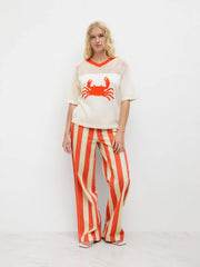 Knit V-neck Crab Hollow Out Contrasting Binding Oversized Top