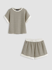 Cotton-blend Stripe Contrasting Binding Tee & Elastic Waist Shorts Set