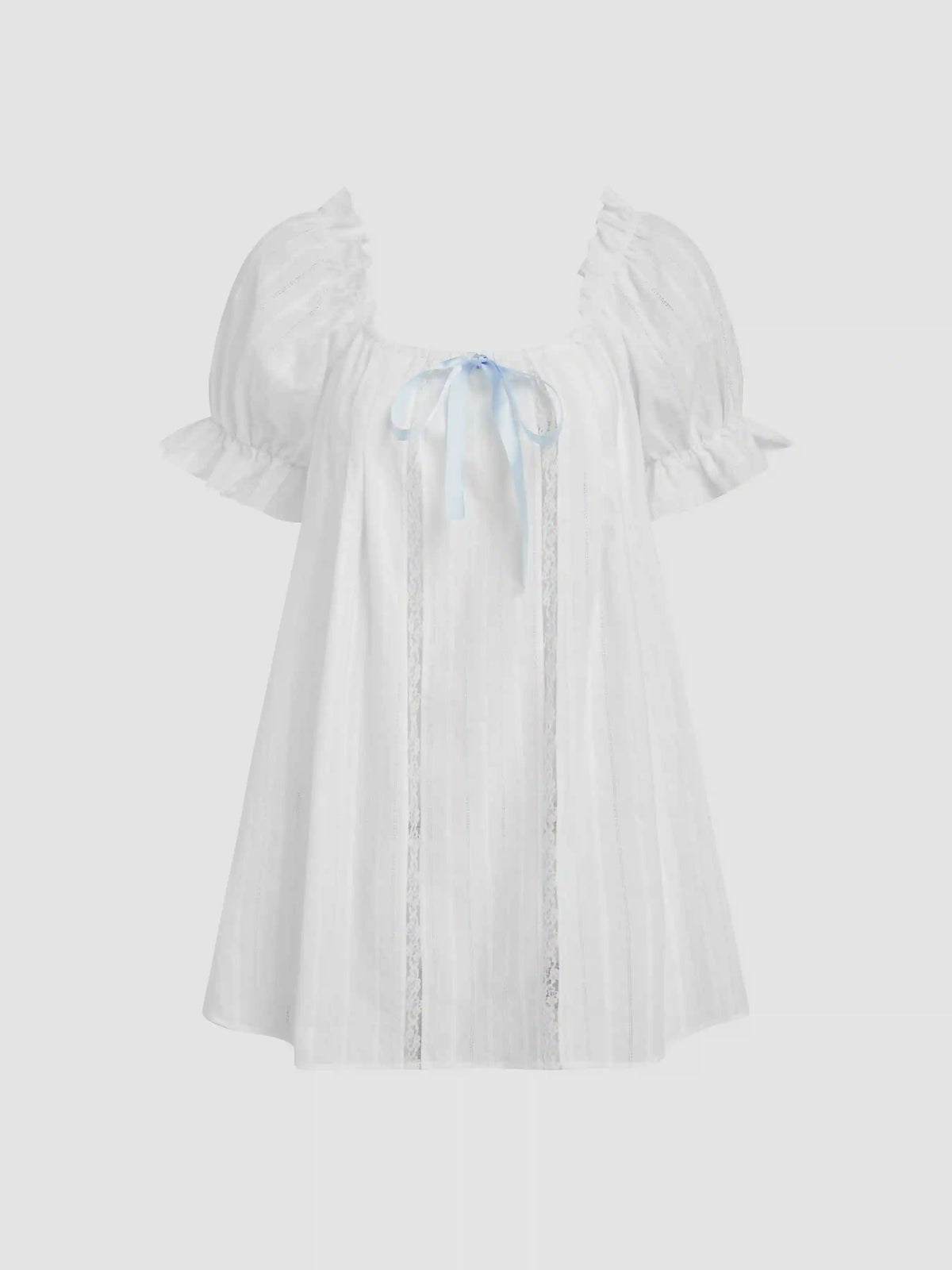 Cotton-blend U-neckline Bowknot Lettuce Trim Puff Sleeve Mini Nightdress
