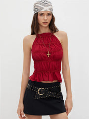 Chiffon Halter Neckline Knotted Ruched Backless Top