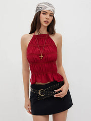 Chiffon Halter Neckline Knotted Ruched Backless Top