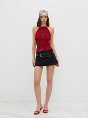 Chiffon Halter Neckline Knotted Ruched Backless Top