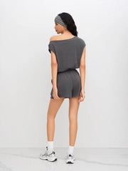 Asymmetrical Neck Drawstring Romper