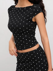 Cotton-blend Boat Neck Polka Dot Ruched Tee & Mini Skort