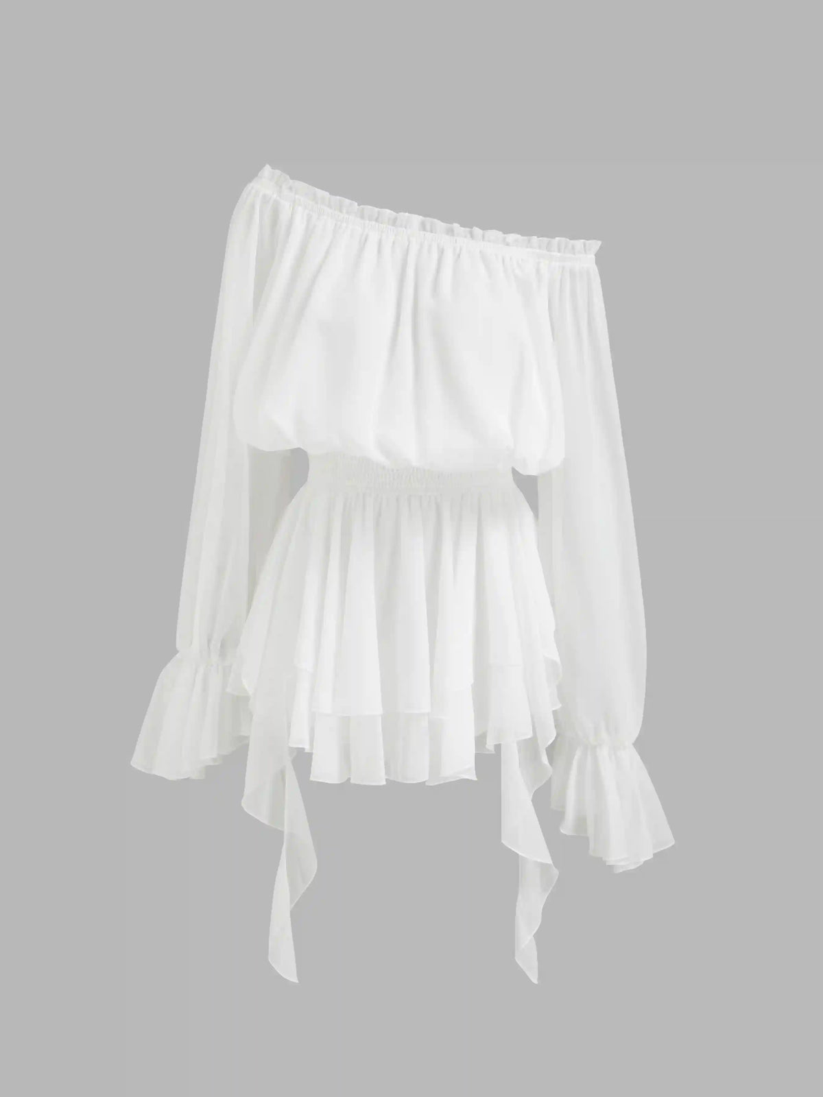 Off-shoulder Lantern Sleeve Asymmetrical Ruffle Hem Mini Dress