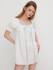 Cotton-blend U-neckline Bowknot Lettuce Trim Puff Sleeve Mini Nightdress