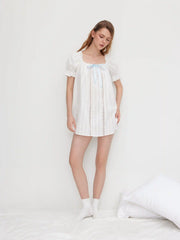 Cotton-blend U-neckline Bowknot Lettuce Trim Puff Sleeve Mini Nightdress