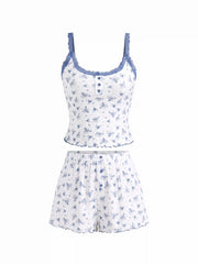 Cotton-blend U-neckline Polka Dot Lace Trim Cami Top & Mid Rise Shorts Loungewear Set