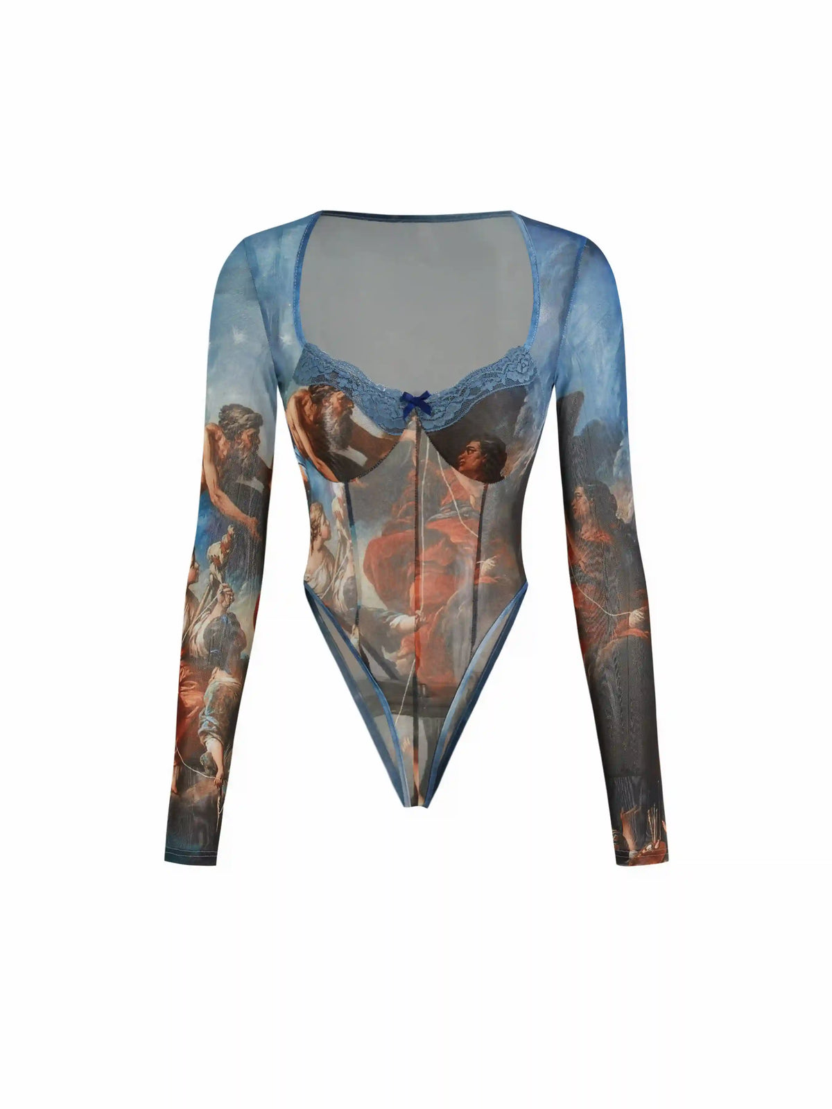 Mesh Square Neck Graphic Corset Bowknot See-through Bodysuit