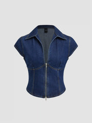 Denim Polo Neck Zip Through Blouse