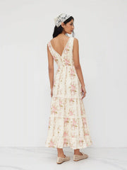 V-neck Lace Trim Floral Lace Up Layered Maxi Dress