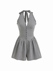 Gingham Halter Neckline Shirred Romper