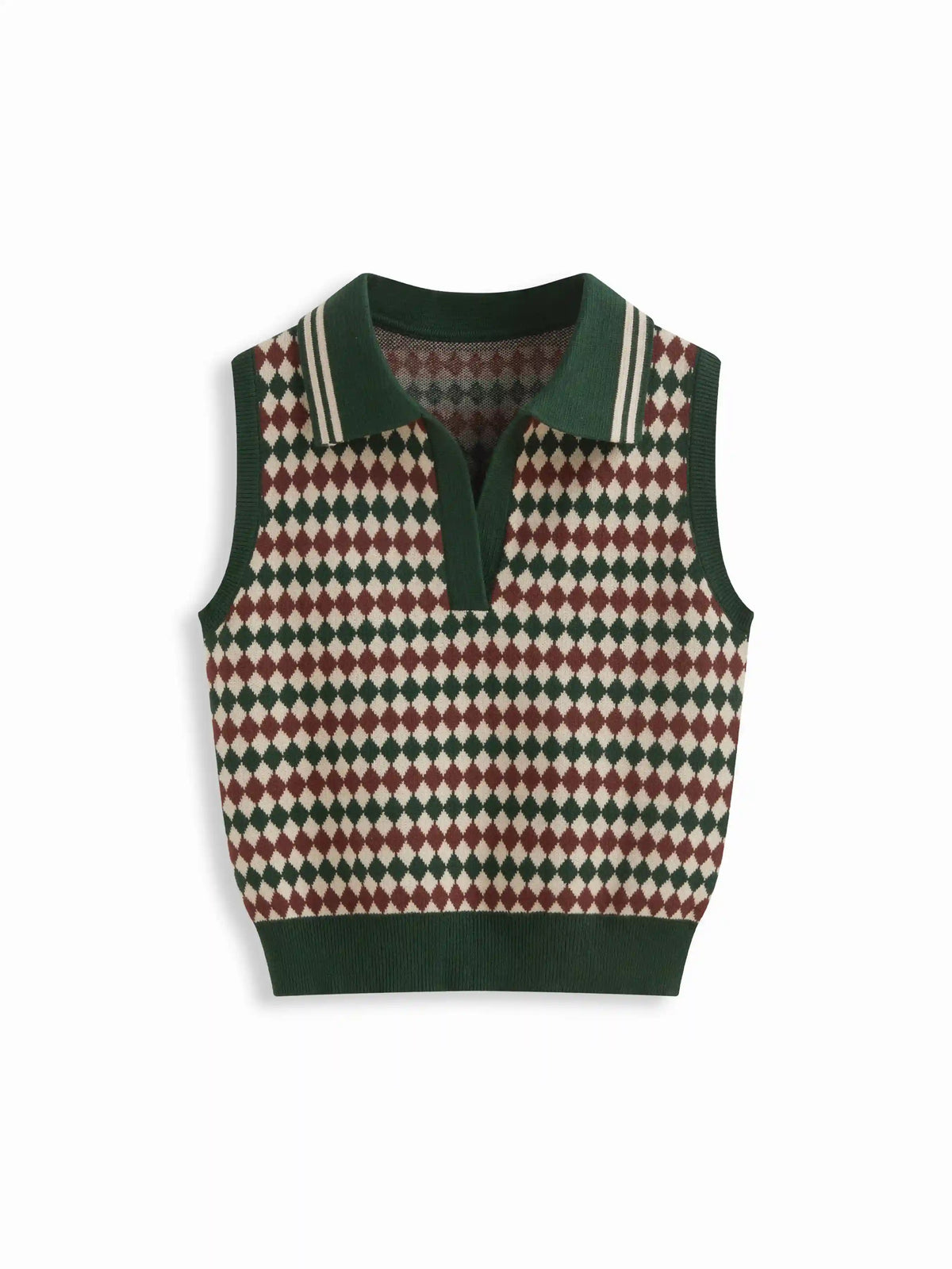 Knit Jacquard V-neck Polo Geometric Crop Vest