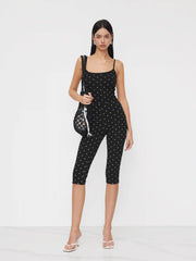 Cotton-blend Polka Dot Capri Jumpsuit