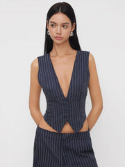 V-neck Stripe Button Tank Top & Mid Rise Pocket Straight Leg Trousers Set