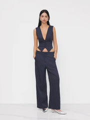 V-neck Stripe Button Tank Top & Mid Rise Pocket Straight Leg Trousers Set
