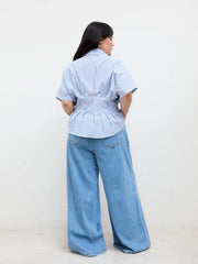 Cotton-blend Stripe Pleated Cinched Waist Shirt Curve & Plus