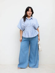 Cotton-blend Stripe Pleated Cinched Waist Shirt Curve & Plus
