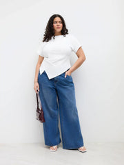 Cotton-blend Boat Neck Ruched Asymmetrical Hem Tee Curve & Plus