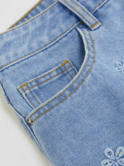 Denim Low Rise Floral Embroidery Raw Hem Mini Skirt