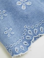 Denim Low Rise Floral Embroidery Raw Hem Mini Skirt