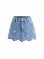 Denim Low Rise Floral Embroidery Raw Hem Mini Skirt