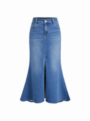 Stretch Cider Denim Low Rise Split Mermaid Maxi Skirt