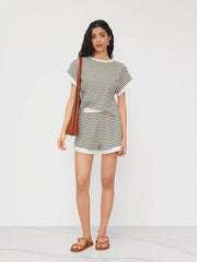 Cotton-blend Stripe Contrasting Binding Tee & Elastic Waist Shorts Set