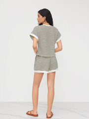 Cotton-blend Stripe Contrasting Binding Tee & Elastic Waist Shorts Set