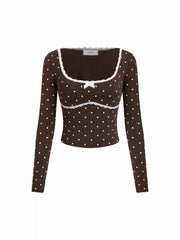 Cotton-blend Polka Dot Lace Bowknot Top & Mid Rise Lettuce Trim Straight Leg Trousers Loungewear Set