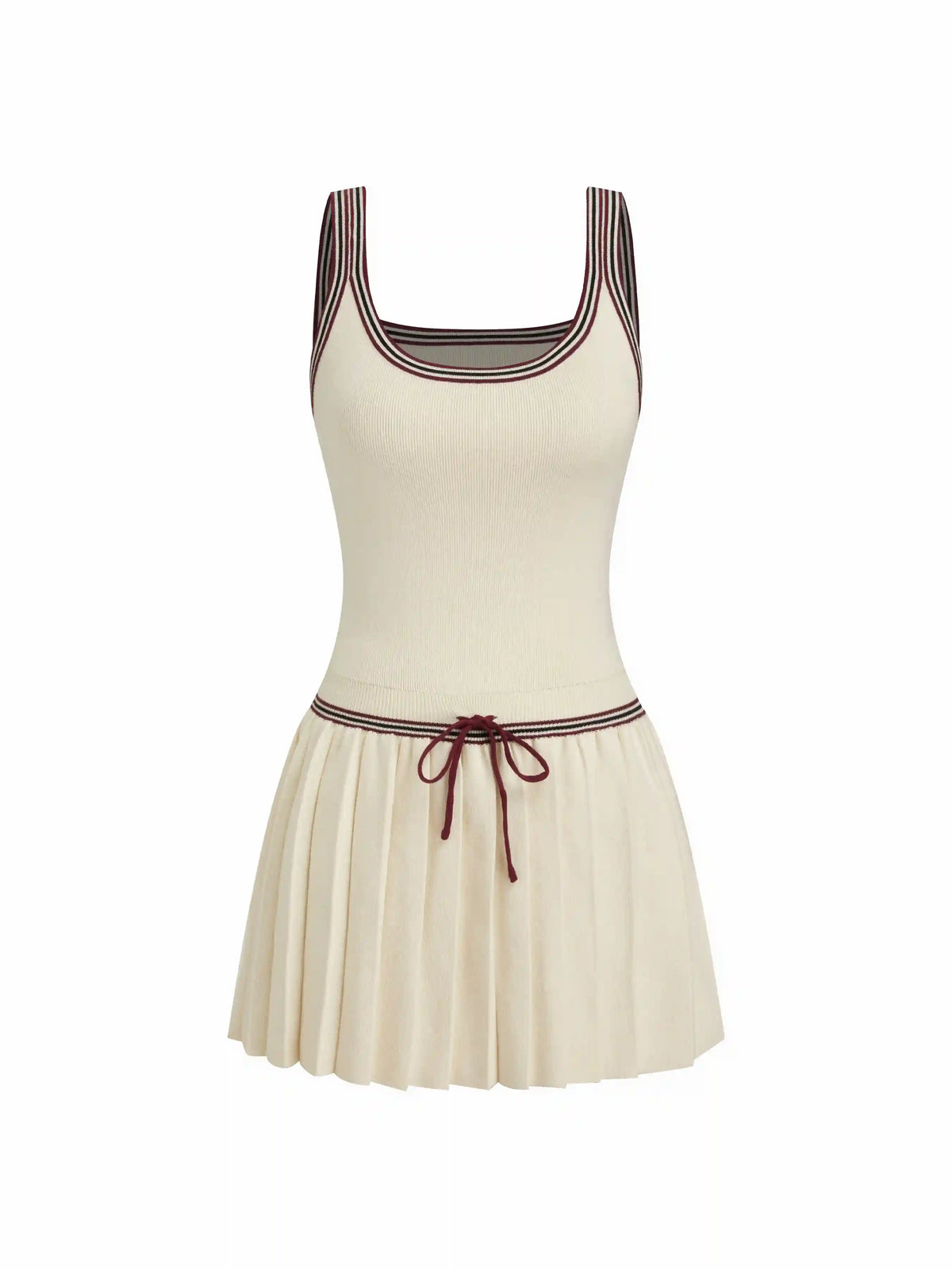 Knit U-neckline Contrasting Binding Stripe Drawstring Pleated Mini Dress