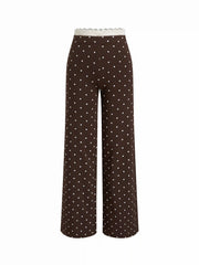 Cotton-blend Polka Dot Lace Bowknot Top & Mid Rise Lettuce Trim Straight Leg Trousers Loungewear Set